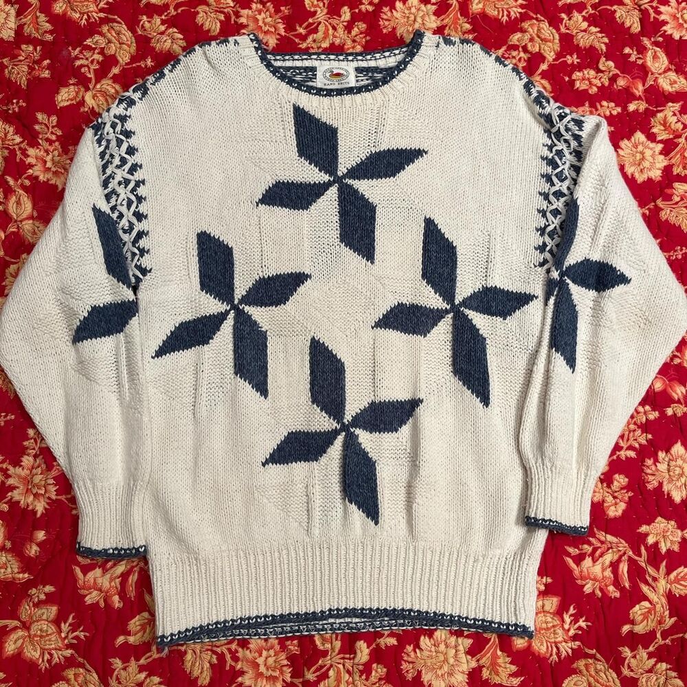 Beautiful Vintage 90s Marsh Landing Hand Knit Blue and White Grandpa Sweater